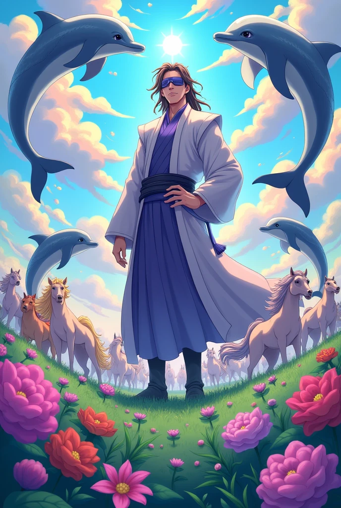 An image of Satoru Gojo with dolphins and ponies in a rainbow landscape