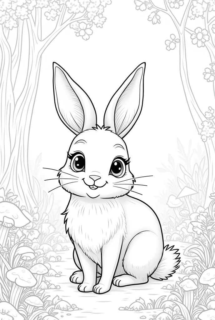 Create a black and white image of a male rabbit designed for coloring. The design should be detailed but accessible to color, with clear lines and spaces that allow for creative use of color. Each rabbit should be depicted in a forest setting, with elements that add context but keep the focus on the animal itself. The overall style should be playful and engaging, suitable for children.