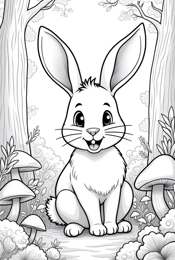 Create a black and white image of a male rabbit designed for coloring. The design should be detailed but accessible to color, with clear lines and spaces that allow for creative use of color. Each rabbit should be depicted in a forest setting, with elements that add context but keep the focus on the animal itself. The overall style should be playful and engaging, suitable for children.