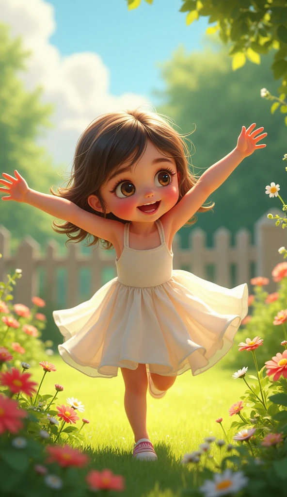 Lilly young girl with young face wearimg white skirt playing in the backyard