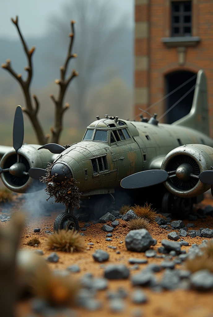 「World War II bomber model、A crash scene depicted in a diorama。The diorama recreates the battlefield.、Smoke and sparks、Broken propellers are depicted realistically。The bomber crashed into the ground、Part of it collapsed、Smoke rising from the aircraft。In the background, a ruined building and a small tree々、The scorched earth spreads、The tension of battle is in the air。The viewpoint is low、An angle that conveys the impact of the crash。」