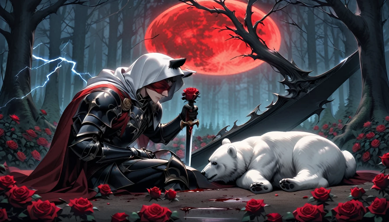 Male knight with a white hood with bear ears with sword behind his back sits on the ground towards a polar bear in a forest while the moon shines, many Roses cover the ground and lightning falls from the sky. The polar bear sleeps in front of the knight. Only the man wears a red blindfold. In the background of the picture is the blood moon and a tree has fallen down in the path. The forest is full of trees with leaves. The armor of the man is black and red roses decorate it. The knight has its sword in his hand.
