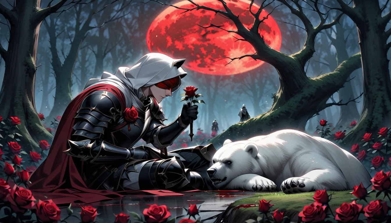 Male knight with a white hood with bear ears with sword behind his back sits on the ground towards a polar bear in a forest while the moon shines, many Roses cover the ground and lightning falls from the sky. The polar bear sleeps in front of the knight. Only the man wears a red blindfold. In the background of the picture is the blood moon and a tree has fallen down in the path. The forest is full of trees with leaves. The armor of the man is black and red roses decorate it. The knight has its sword in his hand.
