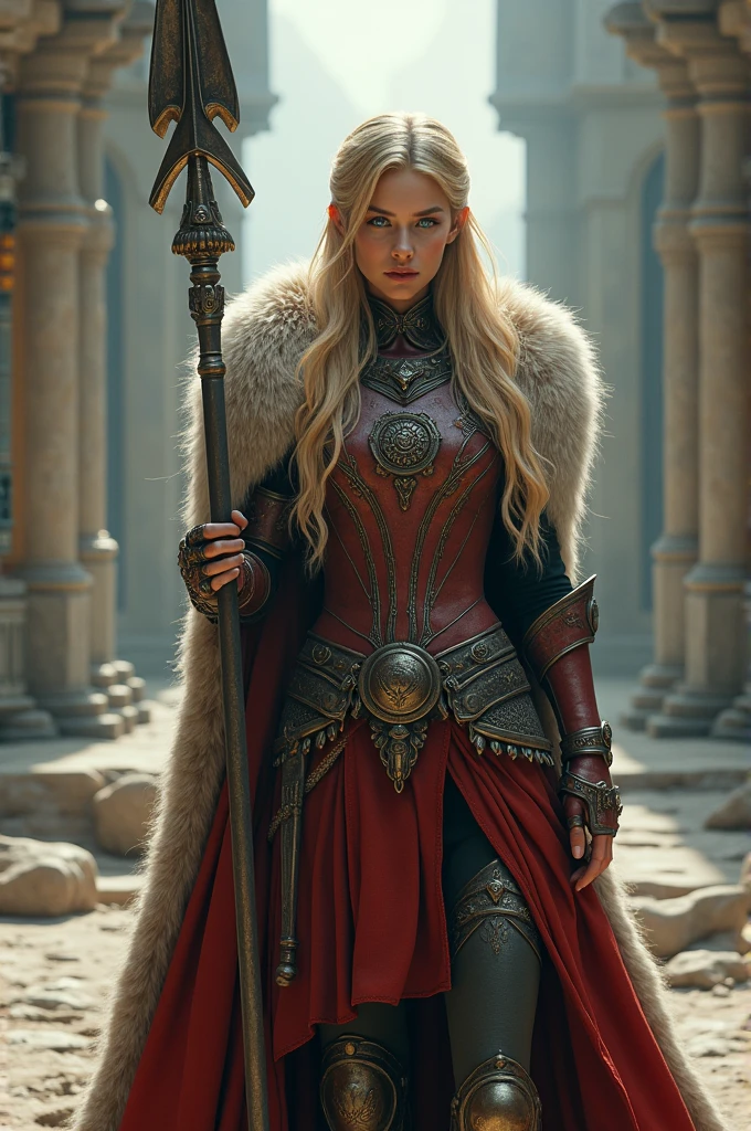Photorealistic image ((Masterpiece)), ((high quality)) UHD 8K, of a real Viking goddess, Gnna, strong, slim body, skinny waist, model tall, full body, (long blonde hair), (blue eyes), (((Hyper-realistic fantasy full armor, with ivory red metal and intricate details))), ((long fur cape)), ((two-pronged fantasy spear)), (in guardian position, fantastic palace), Photo realistic, Natural lighting, professional DSLR camera., mecha, robot,