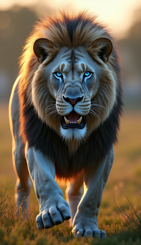 Generate an ultra realistic 8k image of a big strong blue-eyed lion
