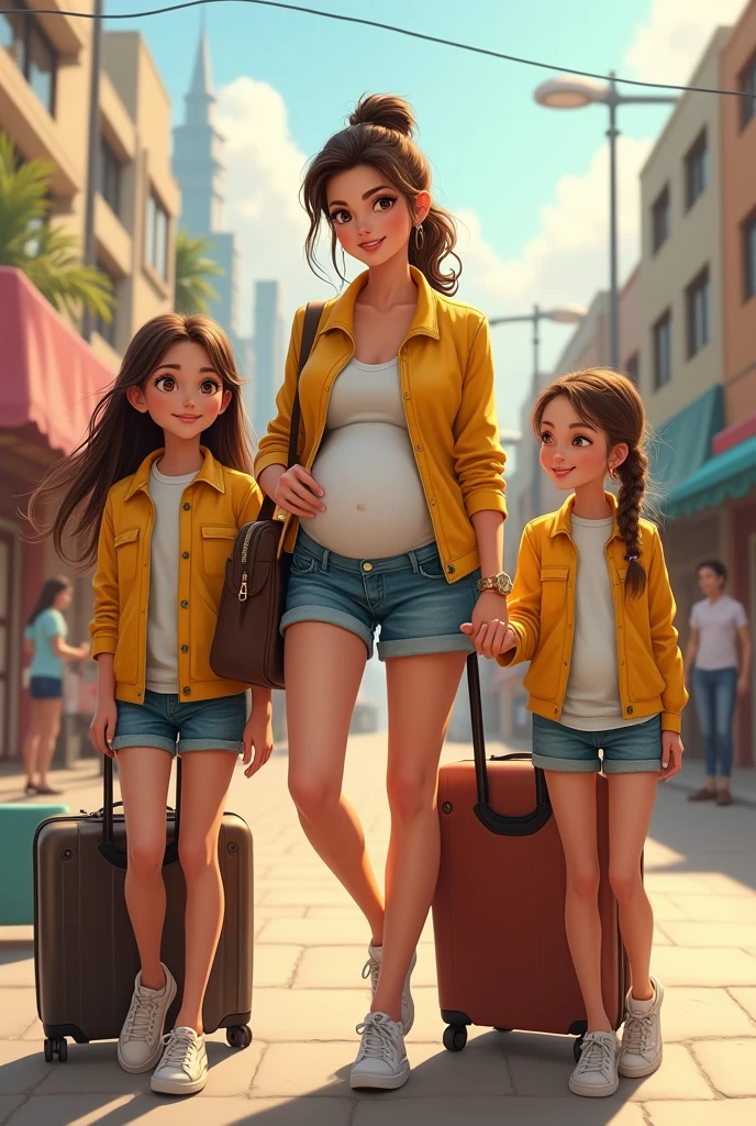 Femme enceinte cheveux attaché veste cuir jaune mini short jean grand sac a main valise, avec ses filles, elles font pipi