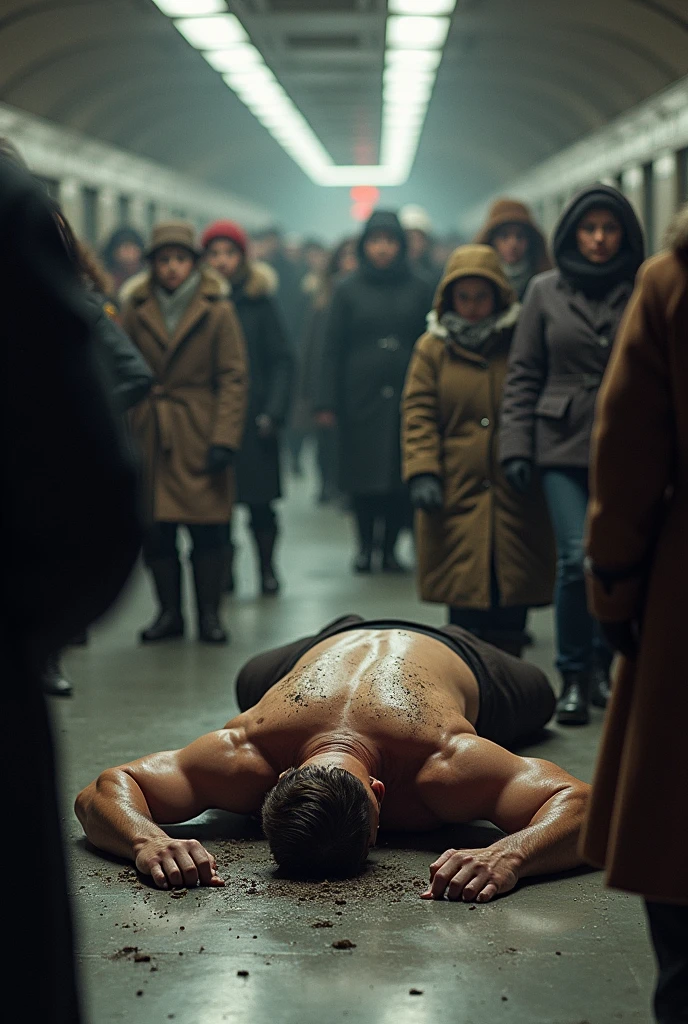 A fat strongman lies on the floor in the lobby of the Moscow metro and a crowd of women with their children in winter boots and shoes and winter clothes tramples on him. At the same time, dirty marks remain on the strongman. People should be right next to the strongman on his stomach and chest. There should be children with their mothers among the crowd..