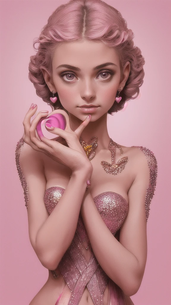 A nsfw Norman Rockwell style illustration of a nubile, thin, pretty, 18 year old girl with 50s style magenta hair, several bows in hair, pushed up breasts, upturned breasts, small breasts, puffy nipples , wearing bondage harnesses, with wide lace straps, iridescent sparkles on chest, white cuffs, white collar, hip straps, , sparkling glitter background