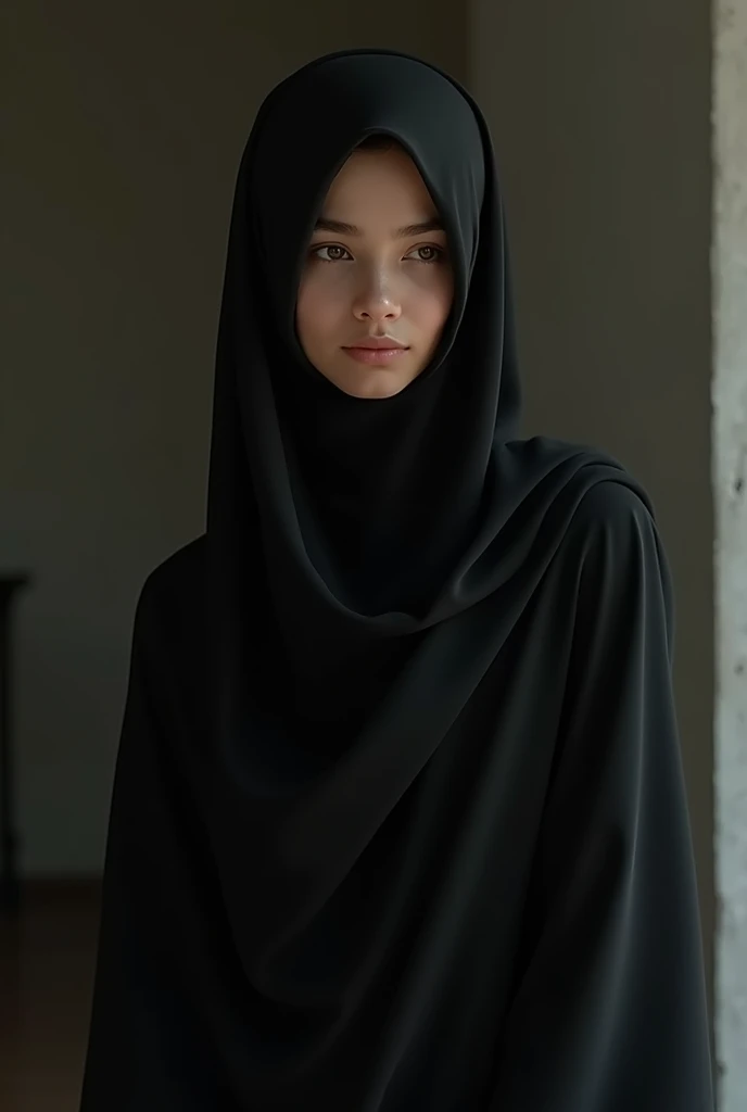 A muslim girl wearing a black hijab and a black dress
