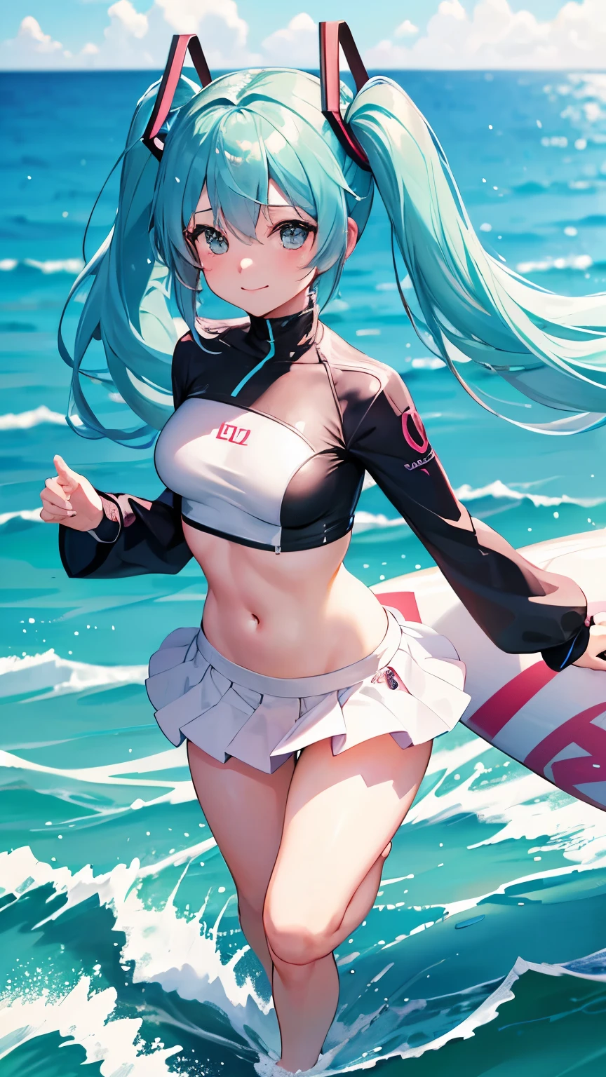 (anime-style cute face)、Hatsune Miku,最high quality, ((Sharp details)), (8k, RAW Photos, 最high quality, masterpiece), (looking at the camera),Cute Smile、Very big eyes、anatomically correct body、Big thighs、Muscular woman、The face is bright、Professional Lighting、Cute little breasts、Emphasis on the chest、(Pink and white long sleeve surf suit:0.6、Belly button、slit:1.6、Cute frills:1.8)、(black and pink spats)、high quality,High resolution,16K,Sharp lines,1 girl,(((Professional female surfer:1.9))) ,Big waves、Standing on a surfboard:1.8、((A surfboard races across the water:1.9)),Detailed clothing、全画面に対してHatsune Mikuは25パーセントの大きさで