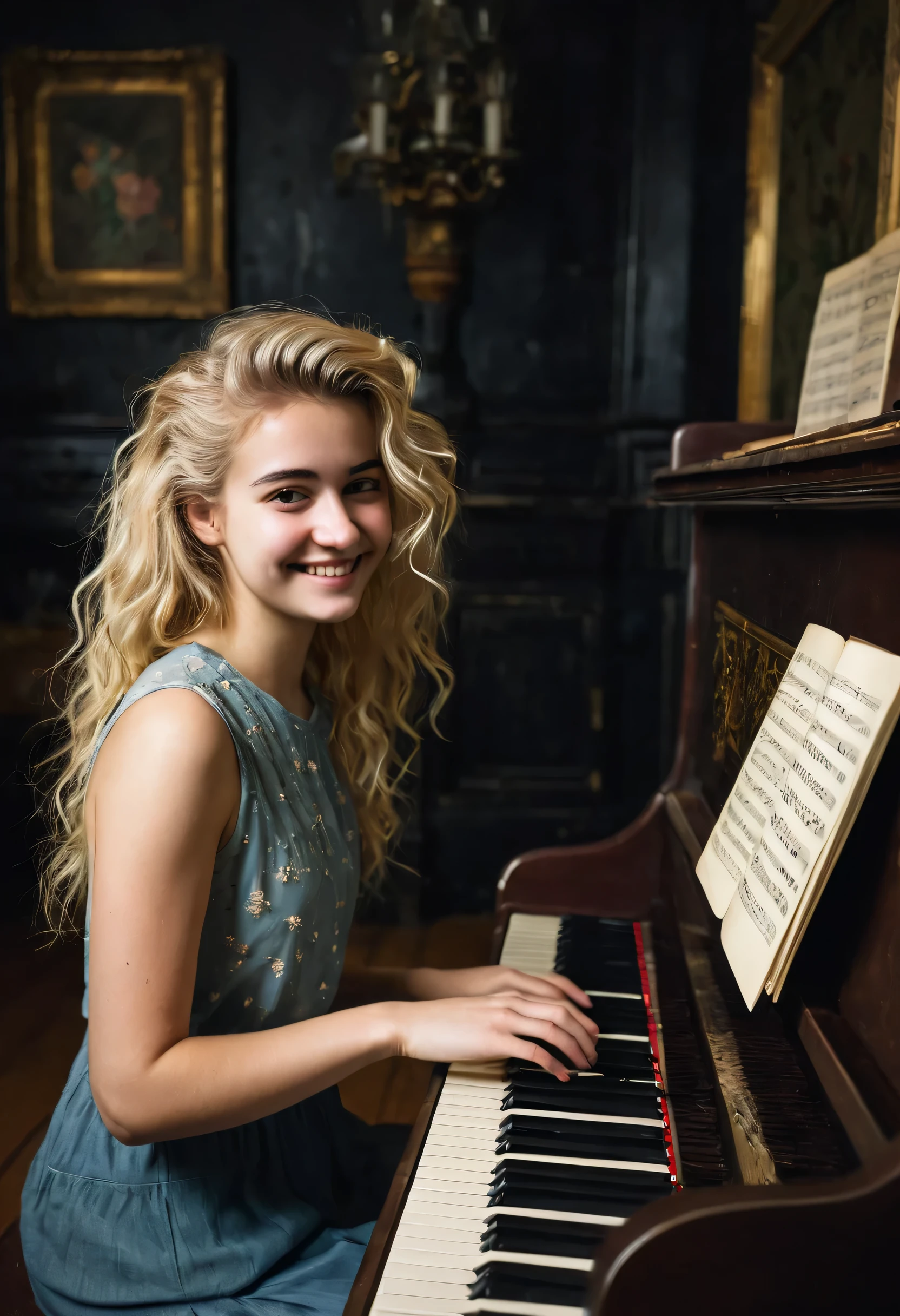 20 year old blonde girl, playing piano virtuously, smiling in vintage room, dark room, messy hair, thoughtful