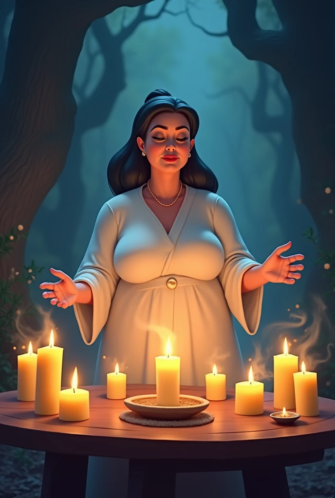 A spiritualist woman dressed in white, chubby, with a table with candles, Disney animation

