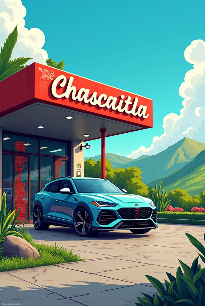 Make me an illustration of a striking car wash but that shows the logo with things from the Huasteca Potosina, it is called CHACATITLA car wash