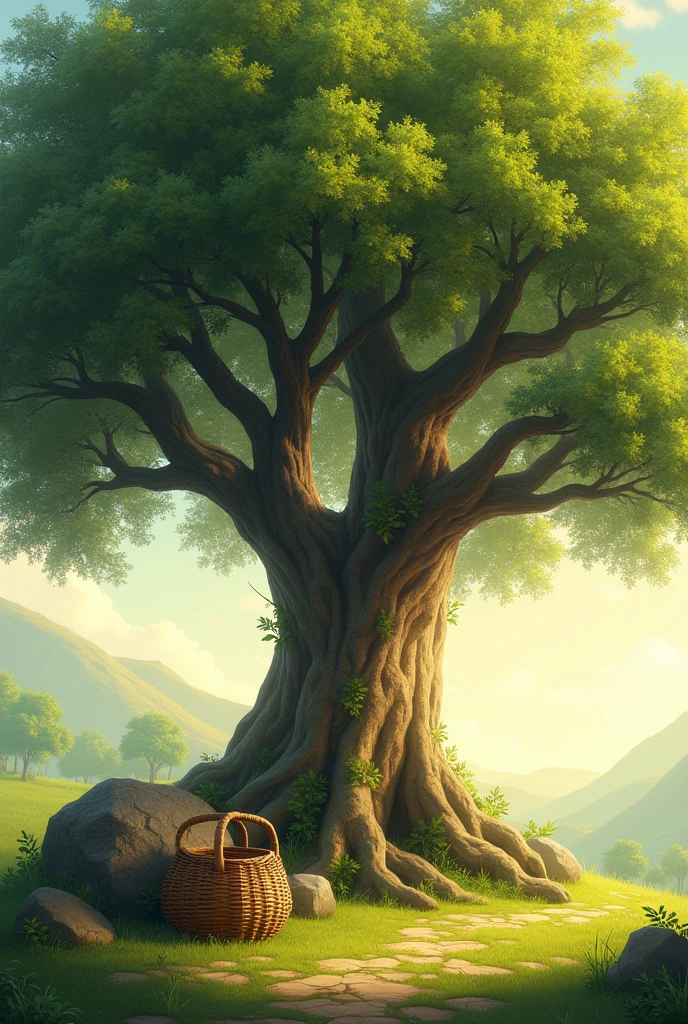 create a picture of a tree,that beneath it there is a rock and a basket