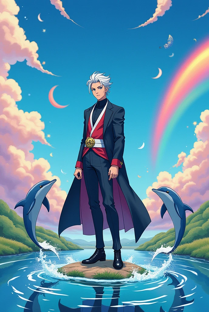 An image of Satoru Gojo from Jujutsu Kaisen with Maluma and dolphins and ponies in a rainbow landscape