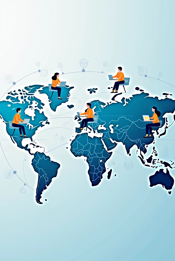 generate an illustration of A global map with icons representing remote workers in various locations connected to a central hub