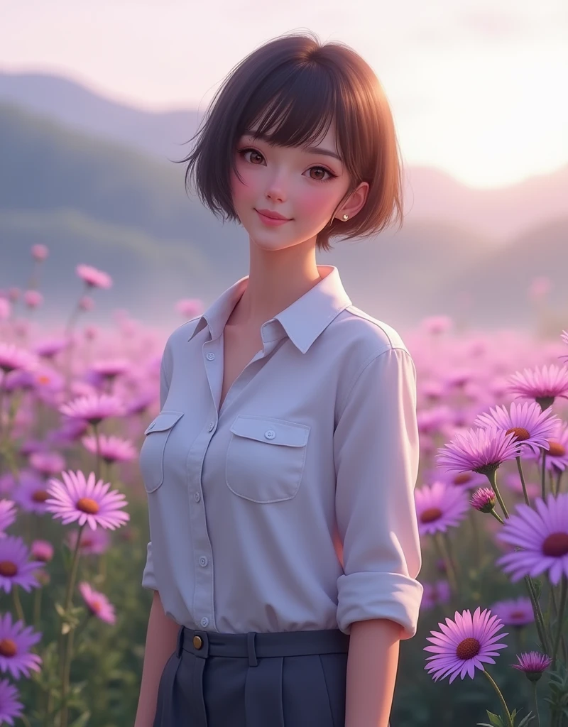 Realistic, beautiful woman 40 years pixie cut brown hair thin smile wearing white shirt and dark grey trousers, 170 cm tall, 60 kgs, standing in front of purple daisy garden, hill, foggy morning, purple atmosphere