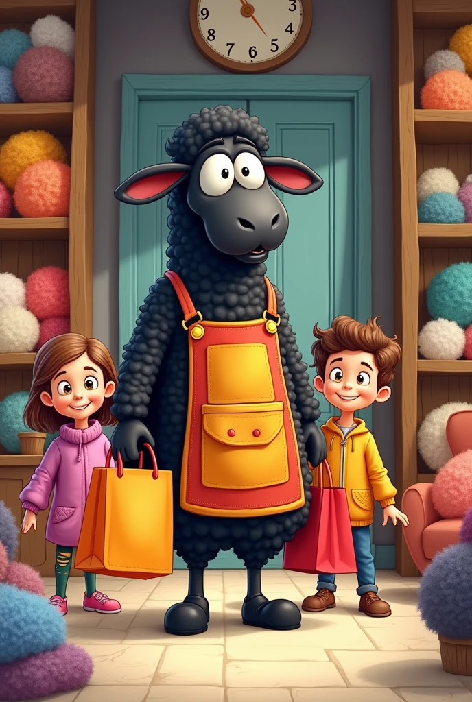 Create a  cartoon  black sheep  as a shopkeeper  who is standing on  his woolen items  shop with  three cartoon  children of  eight years old   are going back with big shopping  bags