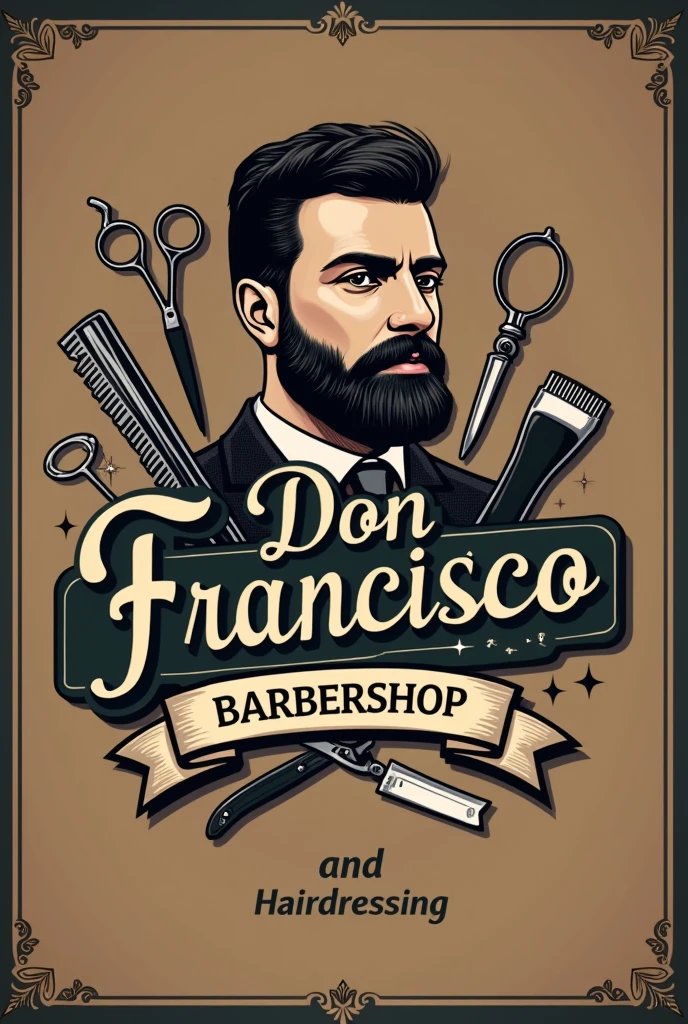 I would like to create a barbershop logo, which contains the following phrases, "Don Francisco" Barbershop and hairdressing. I would also like to add men&#39;s hairdressing items and use Spanish as the language and font.