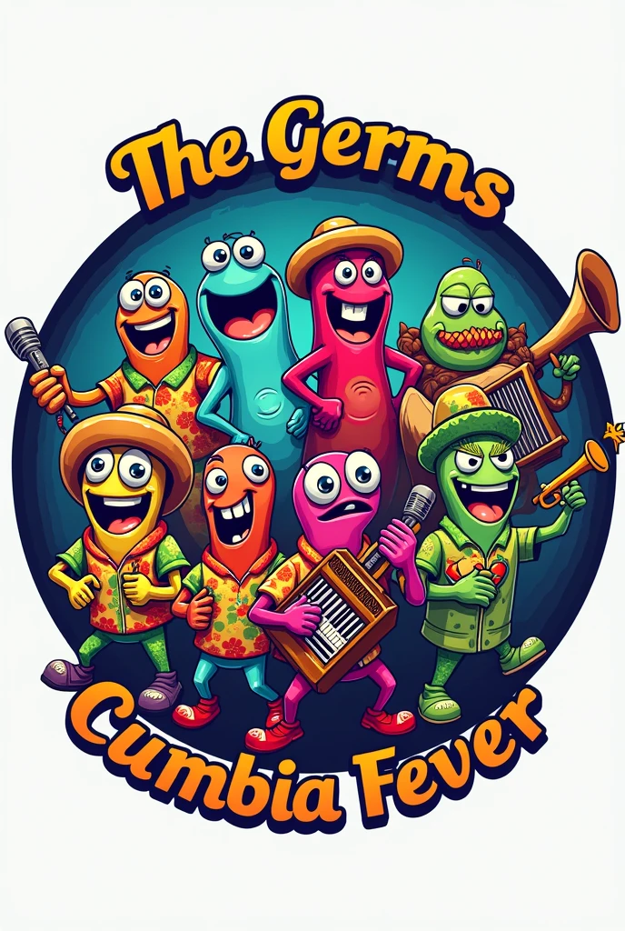A round logo, eight musical germs, There has to be a bass, congas, acordeon a Piano, Piano, microphone, trumpet, Guiro. Round. Hawaiian shirt. straw hat. Colombian cumbia style, It has to say at the top "the germs". At the bottom it should say "cumbia fever". Argentine flag in the background