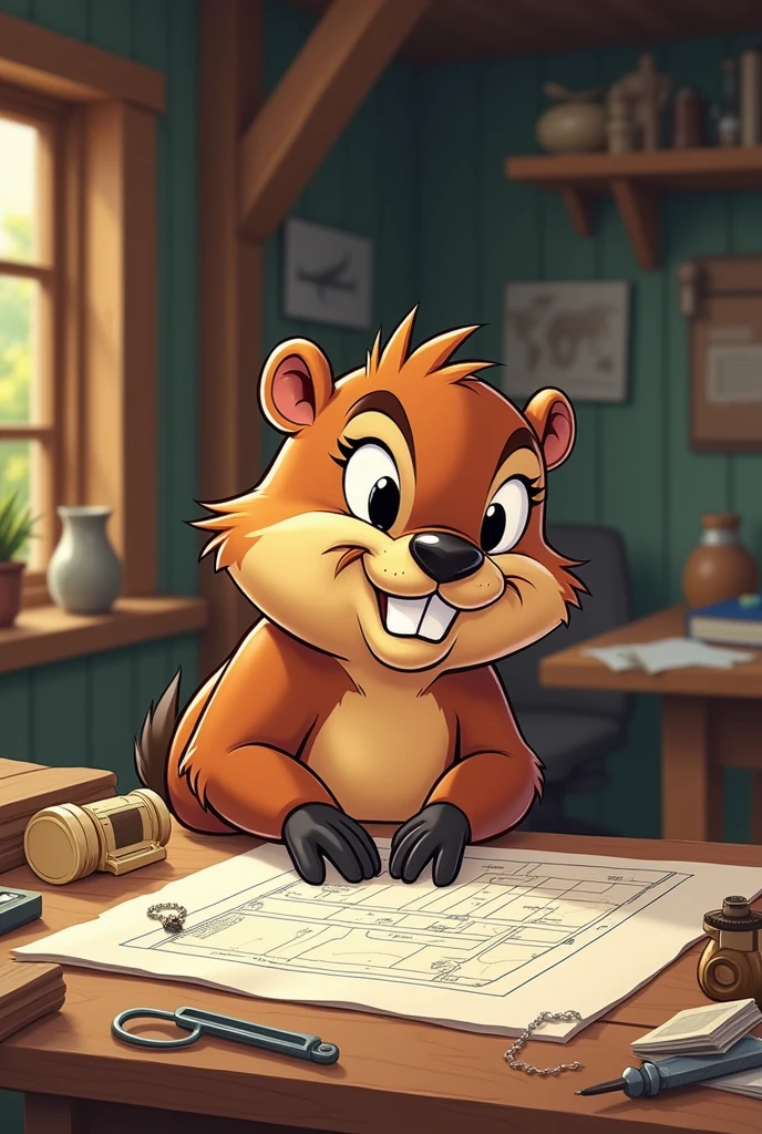 A young beaver drawing a plan (80's cartoon style)