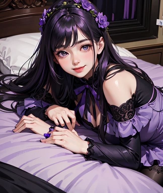 a woman beautiful dress, ((purple dress and black stocking)), purple flowers in head up, smile, realistic high detailed, ultra realistic, indoor room bed sleep