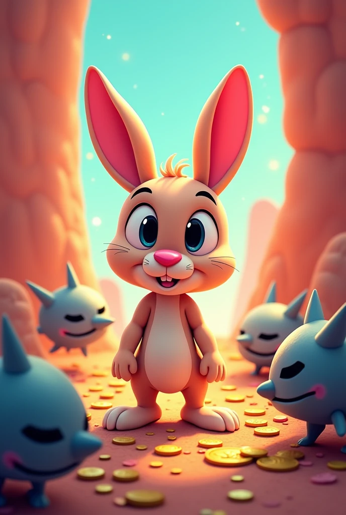 A (((new PC game))) with a rabbit on 2 legs, wide-eyed with no clothes ready to collect coins and jewels and fight small gray alien enemies with spikes. The background presents lines that imitate the style of the Super Mario Bros game, framing the scene with a (strict focus on the character and his enemy) against a (simple but attractive) background that suggests a feeling of adventure and intrigue.
