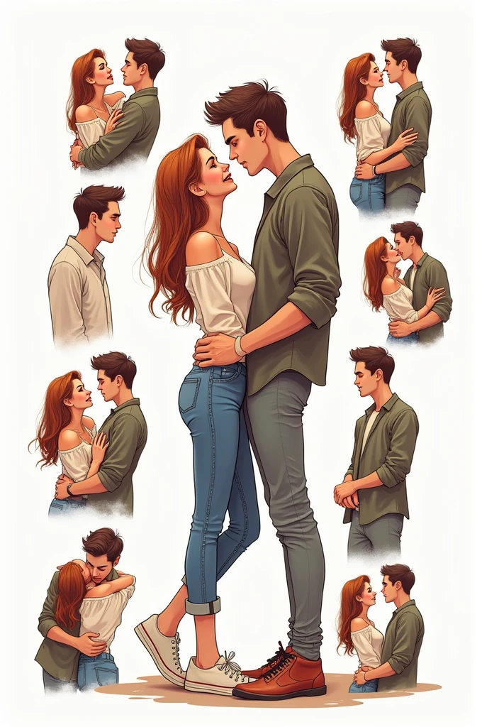 Create a picture that looks like it came from a comic in the middle is white and around it various drawings of a young woman with her boyfriend 