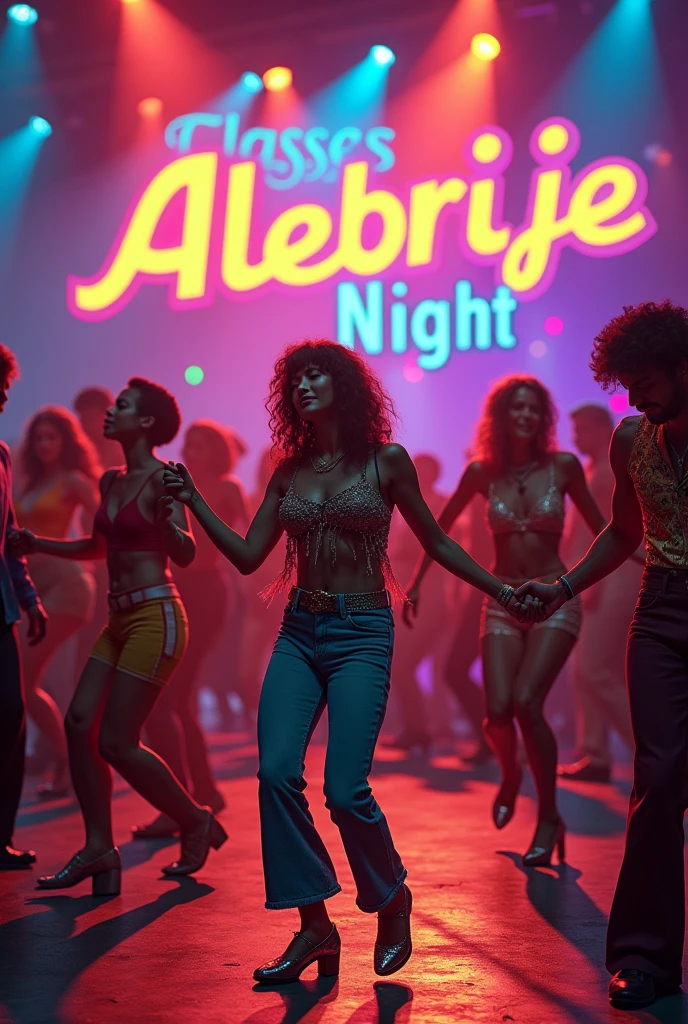 People dancing from the 70s with the name ALEBRIJE and that also says classics night, put classics night in letters, put classics night that also has the word ALEBRIJE and that they are real people