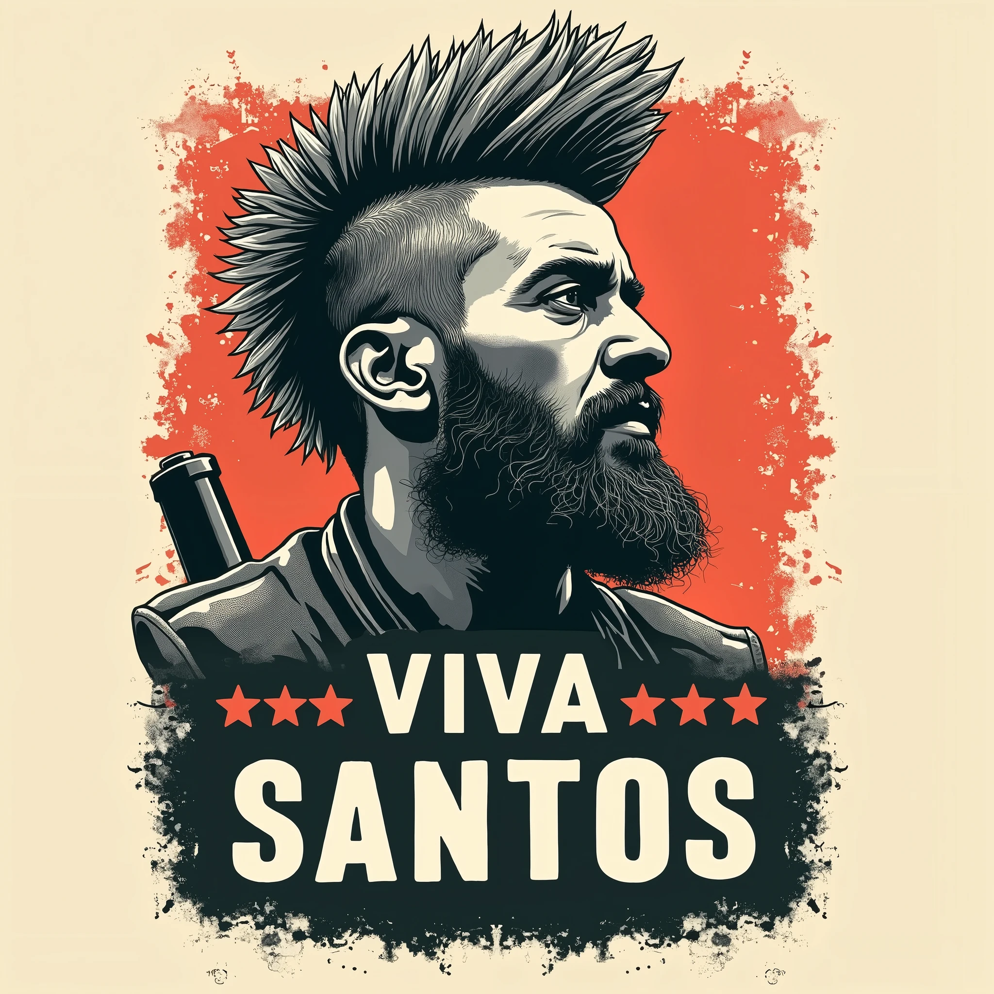 A t-shirt design featuring a depiction of a 40-year-old Mexican soldier from the Zapatista Army with a grey mohawk, short beard, and a victorious expression. The central image is accompanied by the bold title "VIVA SANTOS". The design has a vintage poster style and the edges of the print are aesthetically faded into a clean background.