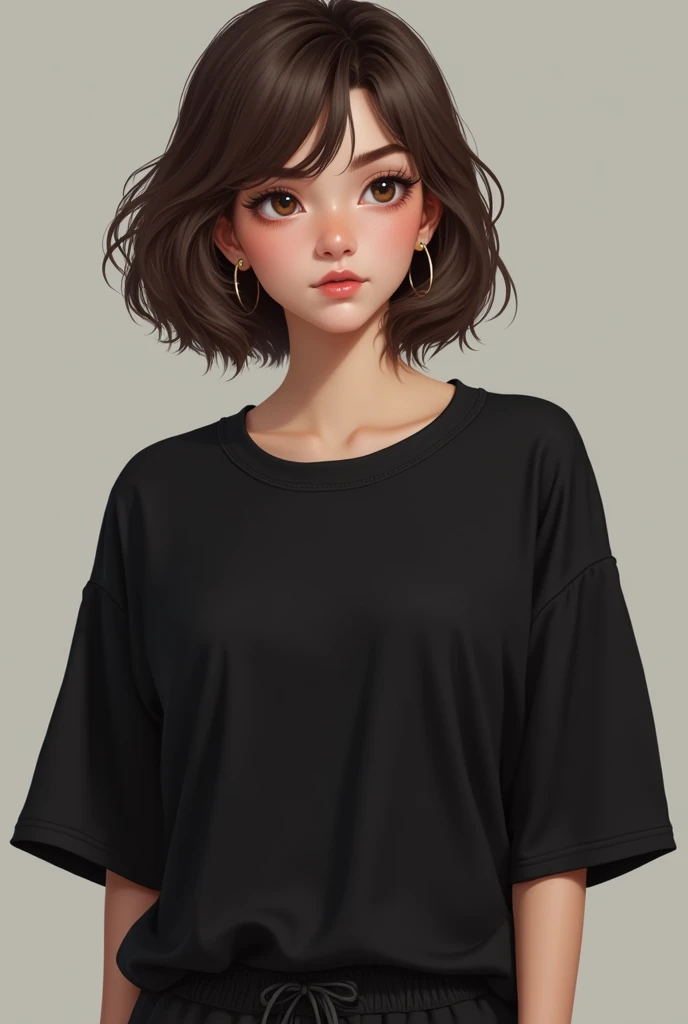 jung, with short brown wavy hair, com olhos castanhos, and mouth with gloss, Using makeup, with a black baggy shirt, and a pair of sweatpants, with a hoop earring and an eyebrow piercing