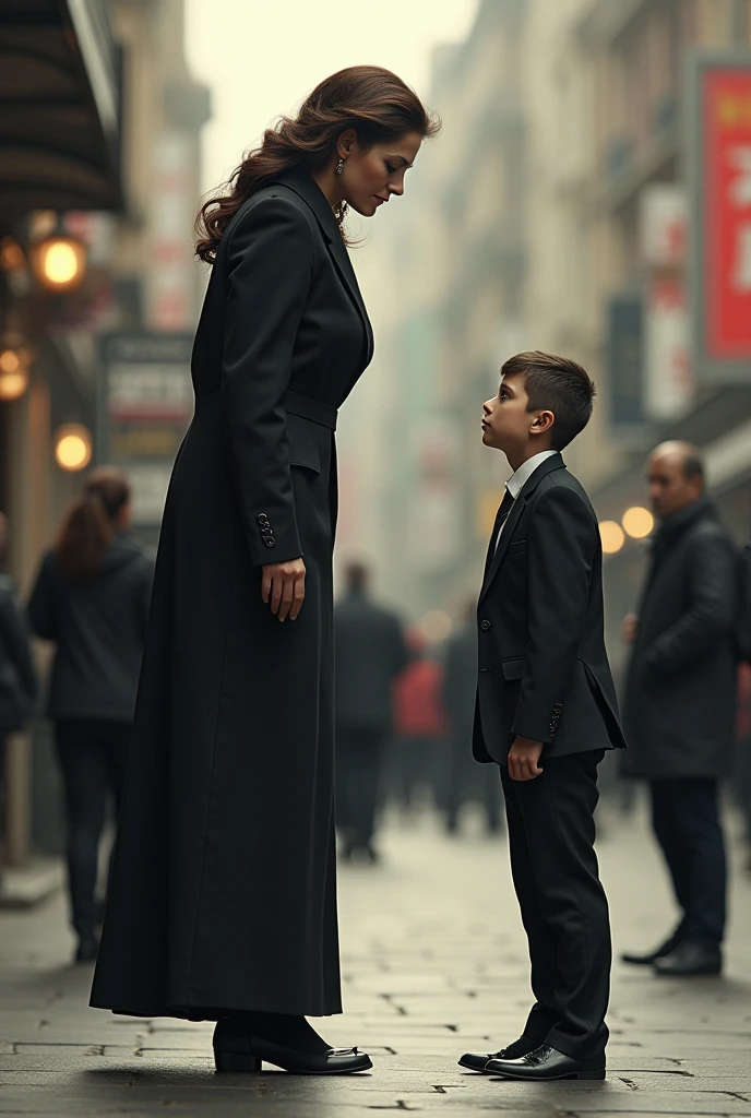 Very tall woman makes fun of short man
