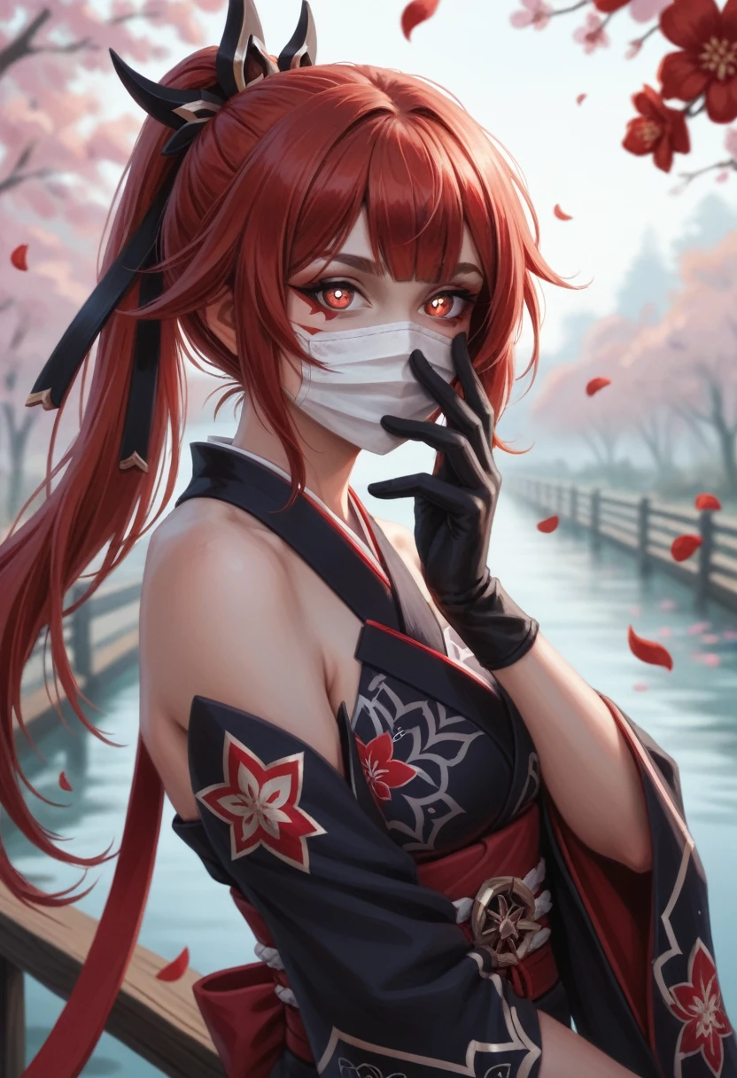 By personalami. sparkle \(honkai: star rail\),1girl,solo,gloves,mask,japanese clothes,black gloves,bare shoulders, black with red line hair, four flower petals pupils evil yandere red eyes