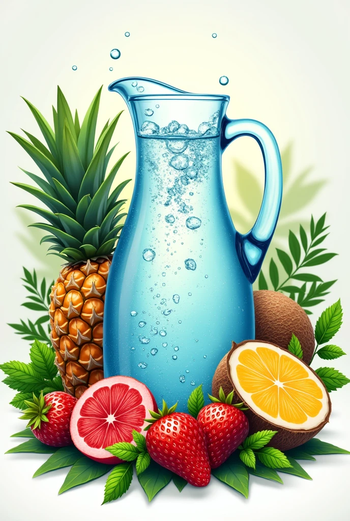 A logo for a fresh water business with fruits like strawberries, coco, Piña, passion fruit and around it alfalfa leaves and mint and in the middle there is a jug of water and around it the fruit