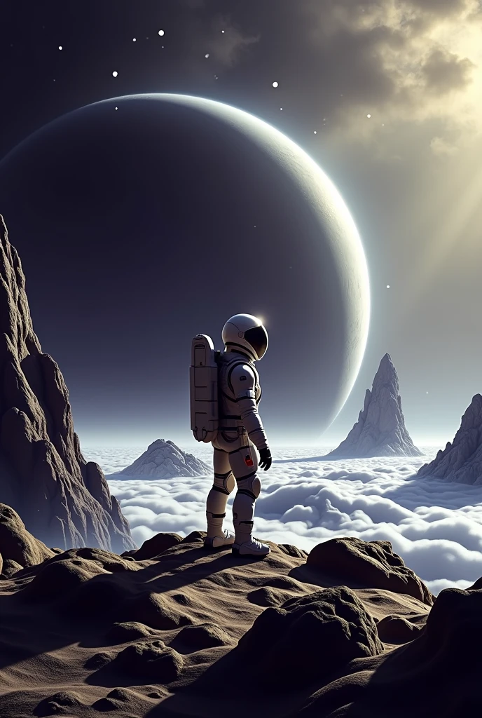 85K high definition and realistic image of an astronaut on an unknown planet observing a sea of ice with a frozen Alien
