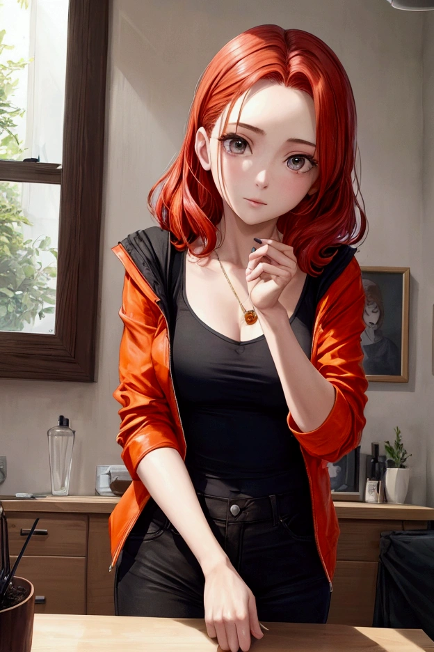 a one woman, called Rebecca, your face is turned to the left, she looks at the screen, she is sexy, has red hair, e peitos grandes, wear a black top, an orange jacket and black pants. Only his head and a little bit of his chest should be seen in the photo... She must be at her house, the light from the window reflects on your face. Her skin is smooth and clear