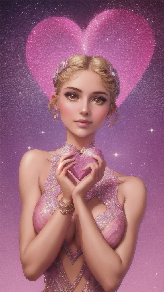 The girl holds a heart-shaped stone in front of her face with both hands., space, performer, Surreal, wonderful, Lots of details, high quality,Style-NebMagic,Pink Background　beautiful　high resolution　Sparkling　love affair　goddess