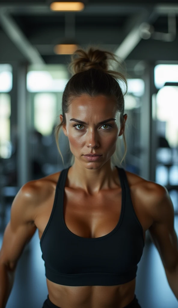 woman at the gym, gym, determined look, looking straight ahead.