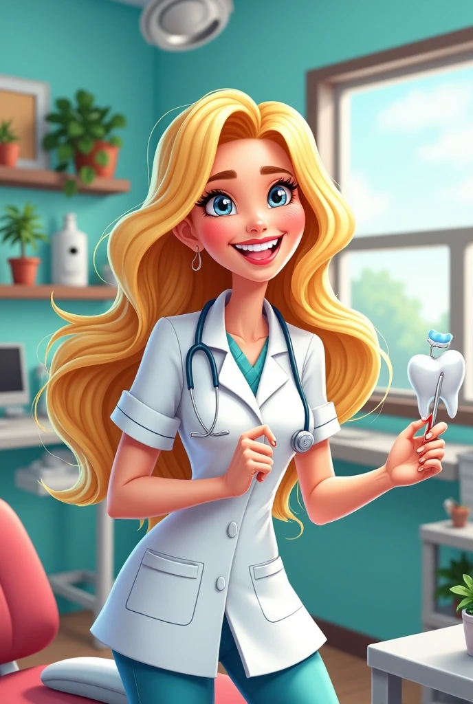 Cartoon woman dentist past time long blonde hair
