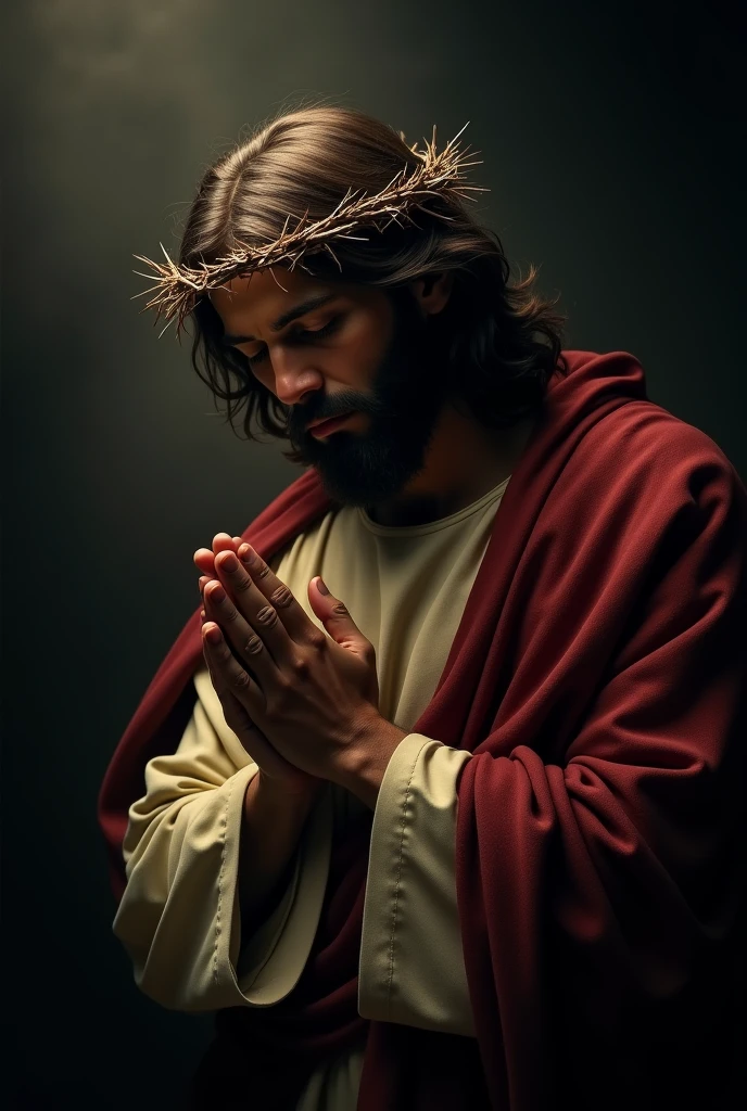 A solemn image of Jesus Christ wearing a crown of thorns, praying with a deeply contemplative and peaceful expression. His hands are clasped together in prayer, and his eyes are slightly closed as he looks downward. The background is dark and moody, with soft light highlighting Jesus' face and upper body, emphasizing the emotion and intensity of the moment. The image should convey a sense of spiritual depth and reverence.