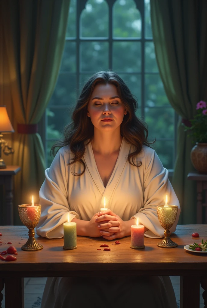 A spiritualist woman dressed in white, chubby, with a table with glasses and candles, Disney animation