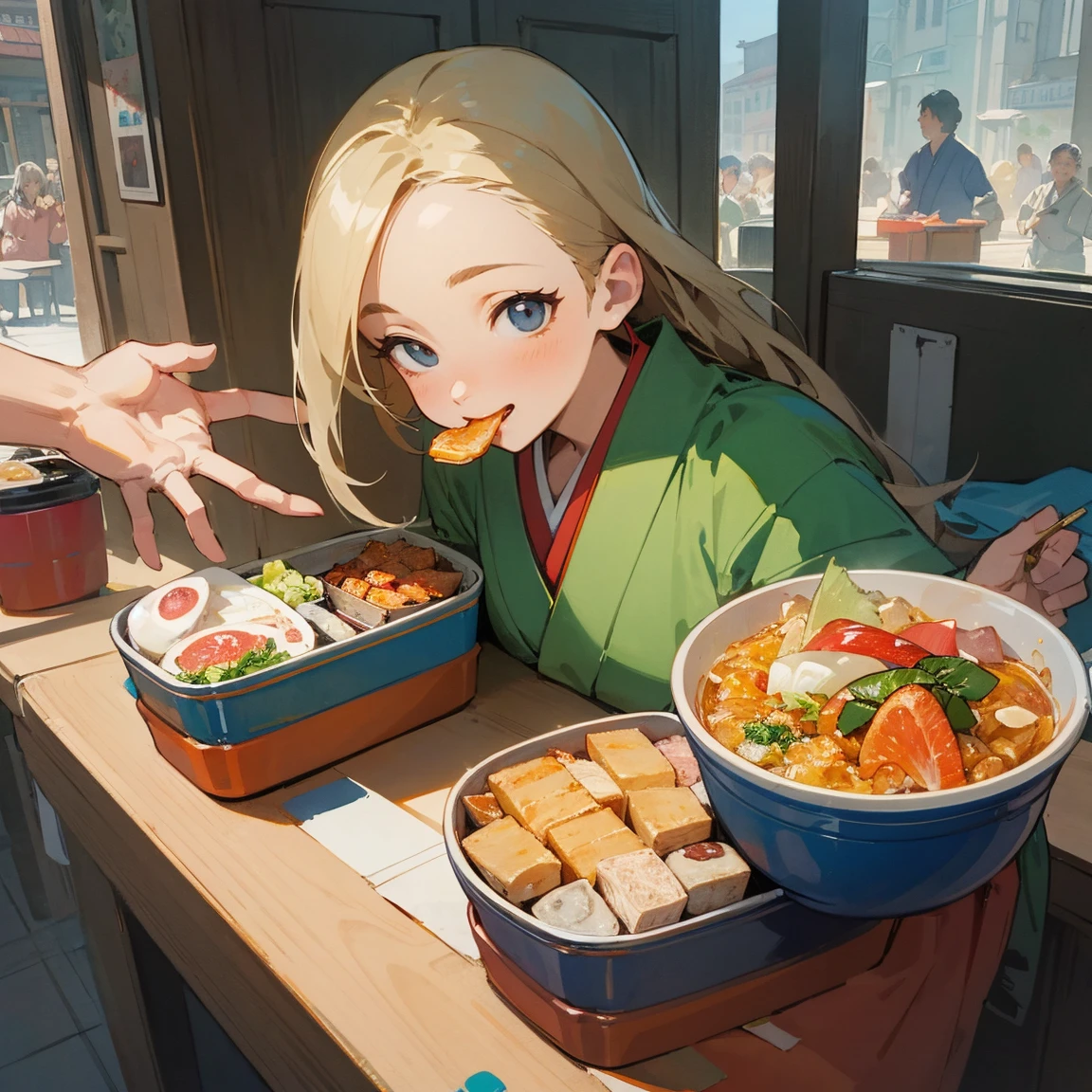Illustrations for children's picture books,realistic, detailed illustration,A lively town square filled with people of all ages, from children to elderly, eating japanese style lunch-boxes. Their faces are visibly brightening as they eat, with smiles spreading across their features. Some people are literally bouncing or floating slightly off the ground, as if gravity has lessened its hold on them. The atmosphere is joyful and energetic, with a subtle magical glow surrounding the japanese style lunch-box eaters, (focus on lunch box:1.2)., hand-painted style, digital art touch,(illustration:1.5), (Watercolor:1,2)