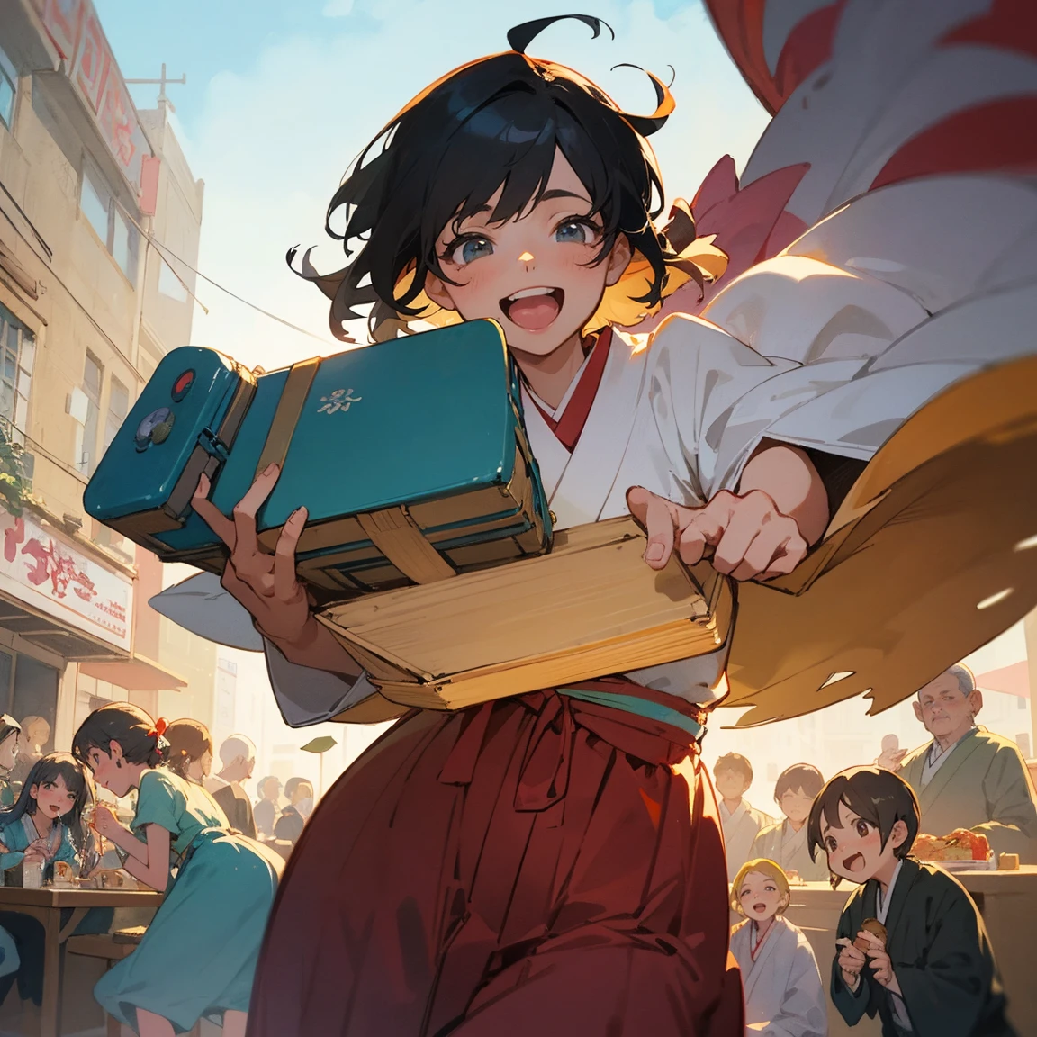 Illustrations for children's picture books,realistic, detailed illustration,A lively town square filled with people of all ages, from children to elderly, eating japanese style lunch-boxes. Their faces are visibly brightening as they eat, with smiles spreading across their features. Some people are literally bouncing or floating slightly off the ground, as if gravity has lessened its hold on them. The atmosphere is joyful and energetic, with a subtle magical glow surrounding the japanese style lunch-box eaters, (focus on lunch box:1.2)., hand-painted style, digital art touch,(illustration:1.5), (Watercolor:1,2)