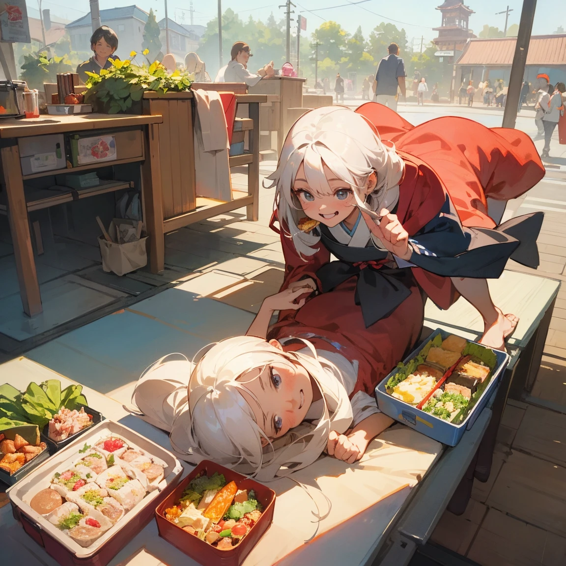 Illustrations for children's picture books,realistic, detailed illustration,A lively town square filled with people of all ages, from children to elderly, eating japanese style lunch-boxes. Their faces are visibly brightening as they eat, with smiles spreading across their features. Some people are literally bouncing or floating slightly off the ground, as if gravity has lessened its hold on them. The atmosphere is joyful and energetic, with a subtle magical glow surrounding the japanese style lunch-box eaters, (focus on lunch box:1.2)., hand-painted style, digital art touch,(illustration:1.5), (Watercolor:1,2)