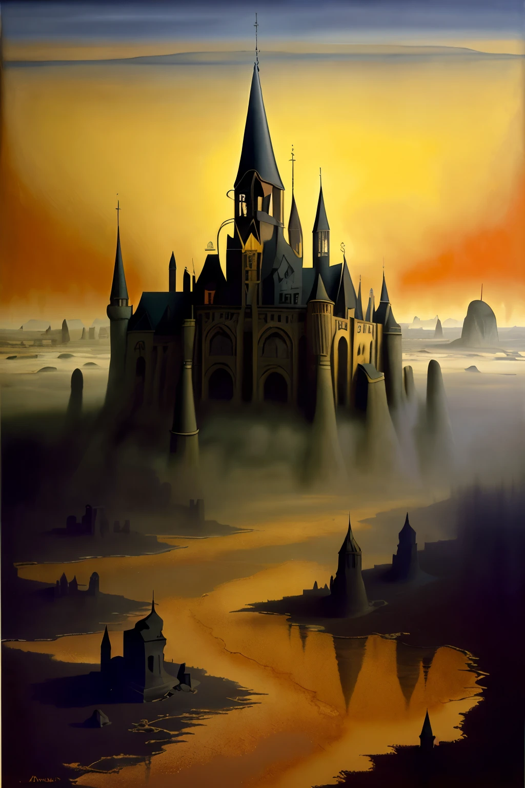 Panoramic photo of a huge ruined cathedral shrouded in thick fog in a desolate and unfamiliar landscape., pain,despair,fear, In style (Yves Tanguy:1.25), heat wave, art nouveau, excellent isolation, great wash, powerful golden hour, glass, cone, moth or butterfly,crow or crow,key, lurid, Afterimage and optical color,complementary, very detailed, oil on canvas, dry brush, (surrealism:1.1)