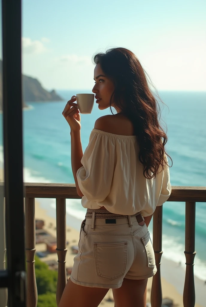 Himanshi Khurana standing in balcony, enjoying coffee, Seaview in background, real photo