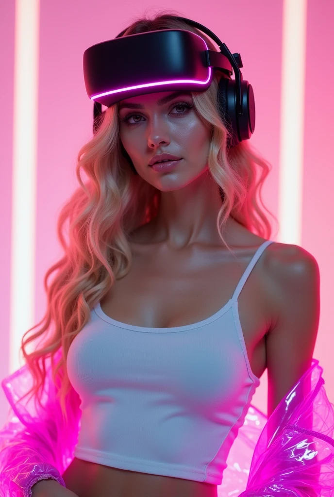 best qualityer, 8k.
Beautiful young woman, wavy blonde hair.
Uses a large headset with pink LED light.
She wears a white tank top and a neon pink holographic jacket..
He looks directly at the camera with a confident expression and makes gestures with his hands..
