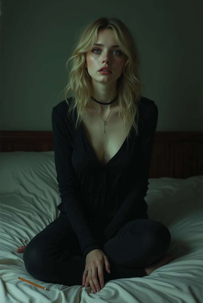 I want a woman with dark blonde wavy hair with bangs, moss green eyes with black circles, pale skin, pale lips, sad features, sitting on the bed in her dark room, dark clothes and a cigarette by her side