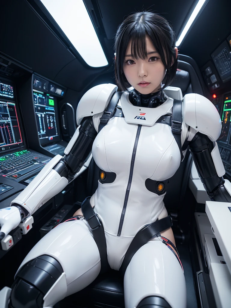 Japanese female android,Black Hair,Space station cockpit,Secured to the seat with a thick harness,Plump,Slightly thicker,Spread your legs,Squat,White robot suit,Ceramic body,Robotic arms and legs,Cables coming out of his chest,Surrounded by switches and monitors,