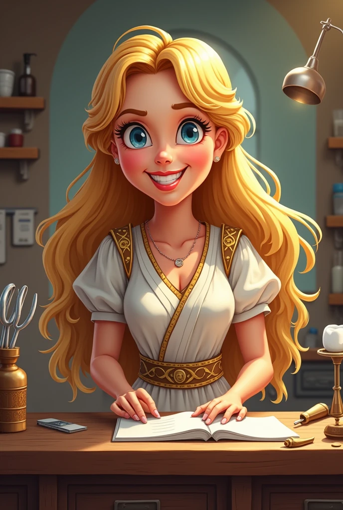 Cartoon woman dentist ancient time long blonde hair